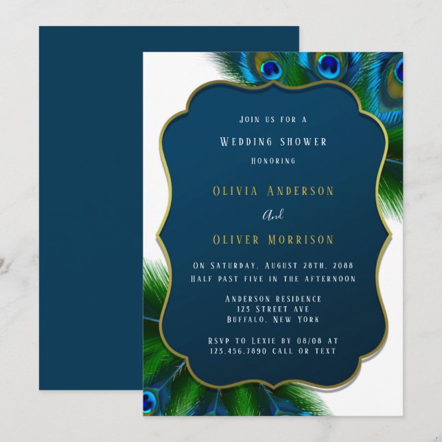 Invitation Elégant Peacock Feathers et Wedding shower d'or I (Devant / Derrière)
