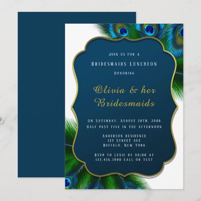 Invitation Élégant Peacock Feathers Gold Bridesmaids Luncheon (Devant / Derrière)