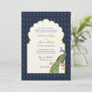 Invitation Elégant Peacock Indian mariage Navy bleu