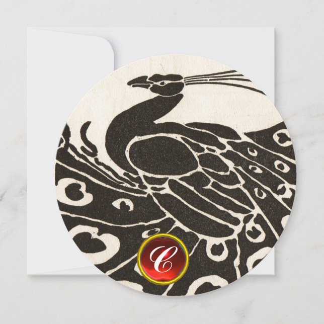 INVITATION ÉLÉGANT PEACOCK NOIR SWHITE, MONOGRAMME DE GEM ROU (Devant)