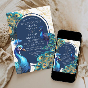 Invitation Elégant Peacocks Or Plumes Flora Mariage