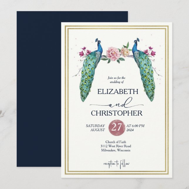 Invitation Élégant Peacocks romantiques en Love Mariage (Devant / Derrière)