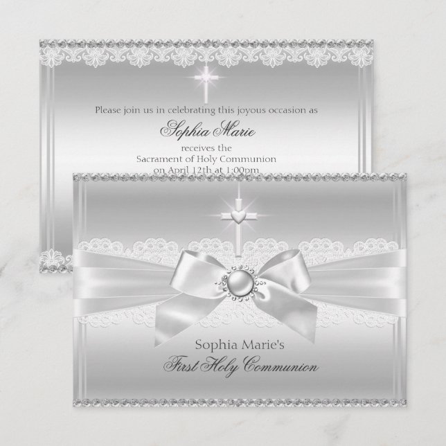 Invitation Elégant Pearl Bow & Cross First Holy Communion (Devant / Derrière)