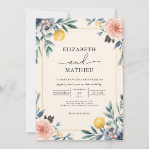 Invitation Élégant Pêche Bleu Botanique Mariage Floral