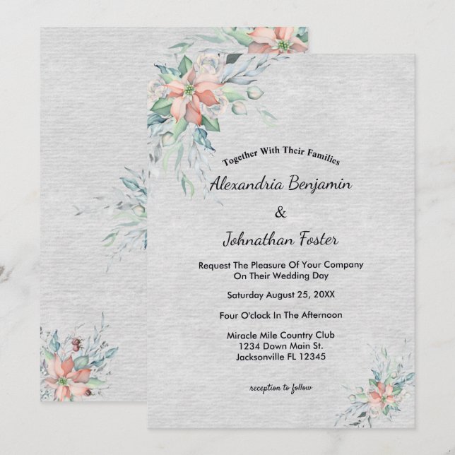 Invitation Elégant Pêche Coral Fleurs Bouquet Mariage (Devant / Derrière)