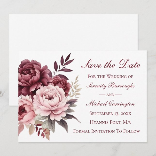 Invitation Elegant Peony Burgundy Peony Enregistrer la date M (Devant / Derrière)
