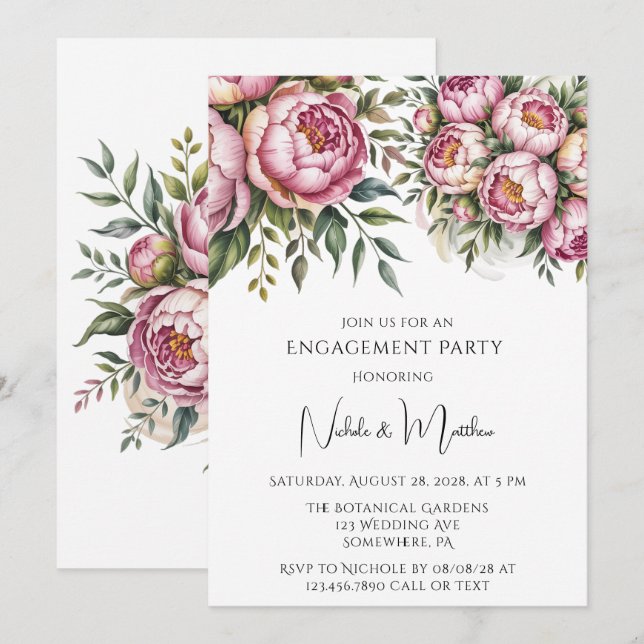 Invitation Elégant Peony Floral Arrangement Partie d'engageme (Devant / Derrière)