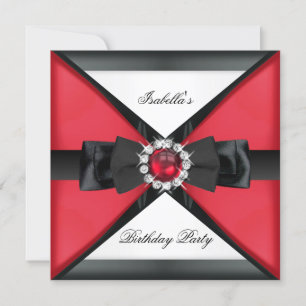 Invitation Elégant Perle Rouge Noir Ruban Blanc Fête d'Annive