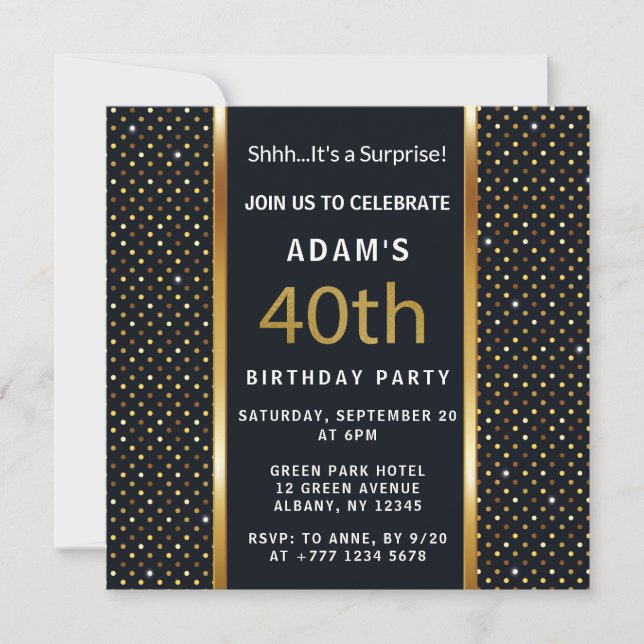 Invitation Elégant Personnalisé 40e Anniversaire Or et Noir (Devant)