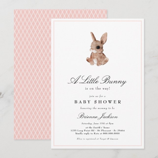 Invitation Elégant Petit Lapin Blush Rose Girl Baby shower (Devant / Derrière)