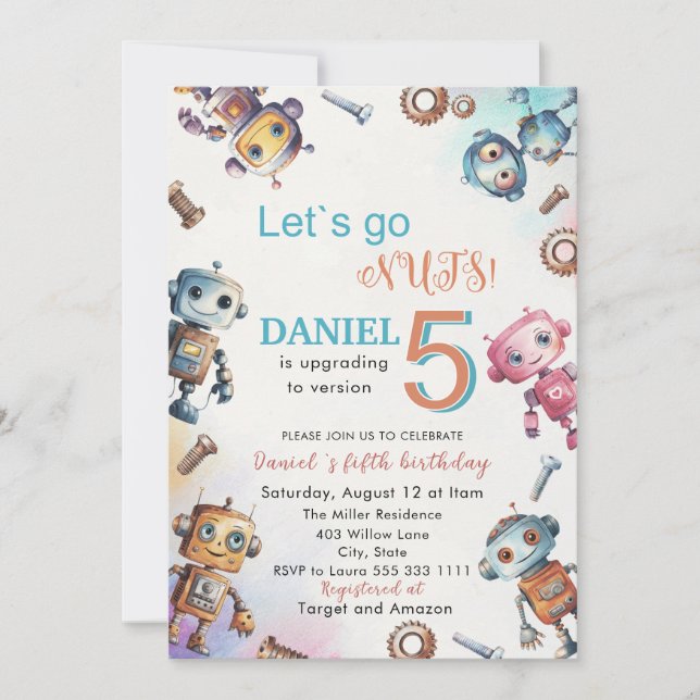 Invitation Elégant Petit Robot Aquarelle Baby Birthday Park (Devant)