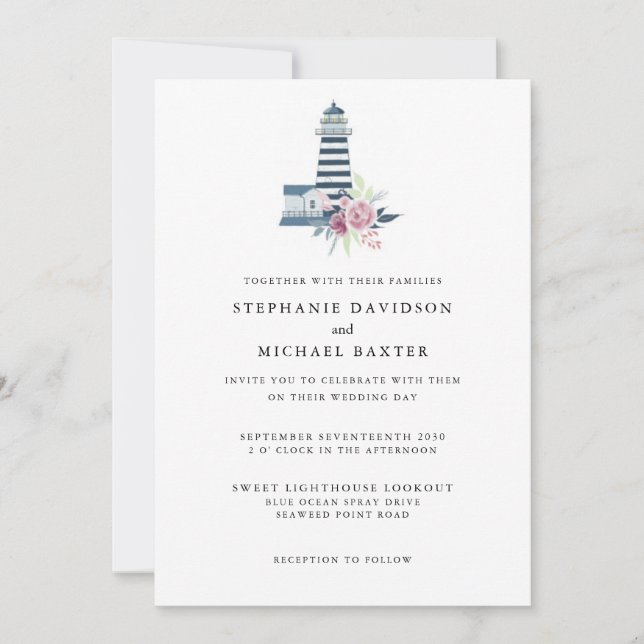 Invitation Elégant phare aquarelle minimaliste nautique (Devant)