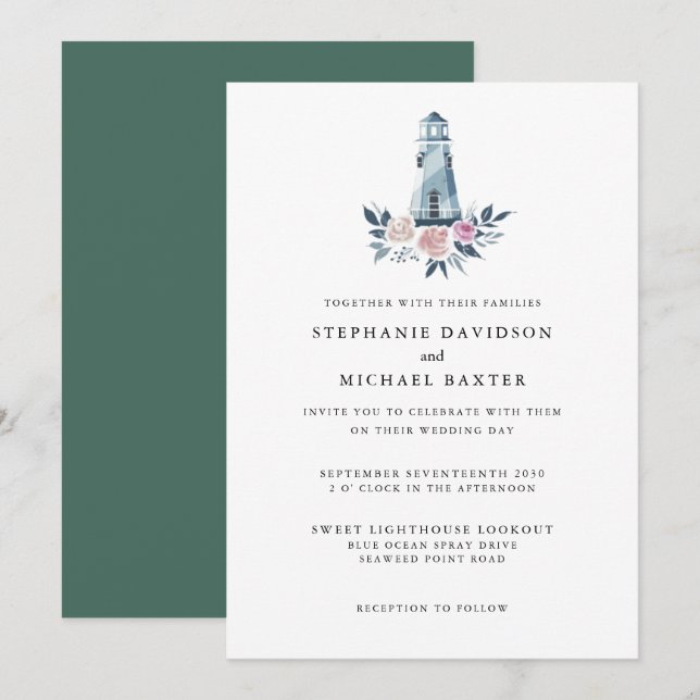 Invitation Élégant phare floral aquarelle Nautique (Devant / Derrière)
