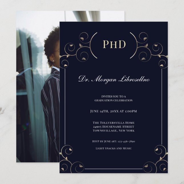 Invitation Élégant PhD Photo Gold Blue Graduation Party (Devant / Derrière)