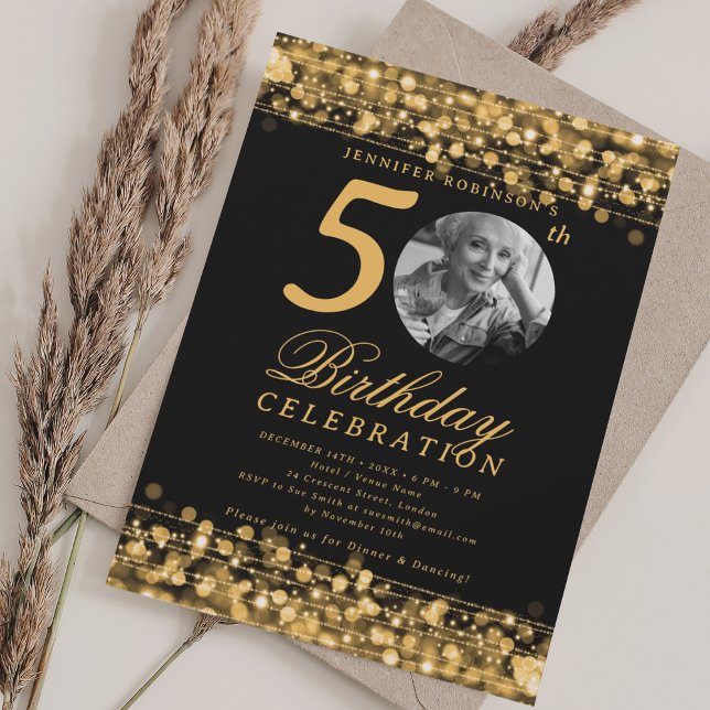 Invitation Elegant Photo 50th Birthday Party Gold Lights (Elegant Photo 50th Birthday Party Gold Lights Invitation)