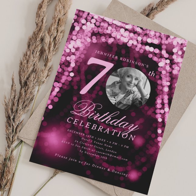 Invitation Elegant Photo 70th Birthday Hot Pink Glam Lights (Elegant Photo 70th Birthday Hot Pink Glam Lights Invitation)