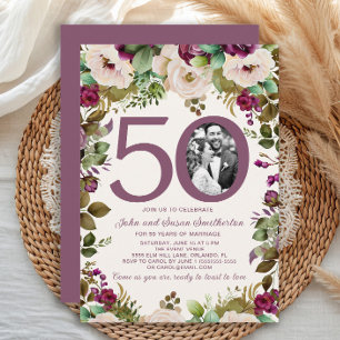 Invitation Élégant Photo Fleurs Crème Violette 50e Anniversai