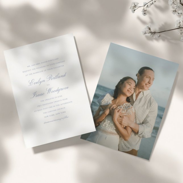 Invitation Élégant Photo moderne Mariage bleu Dusty (Créateur téléchargé)