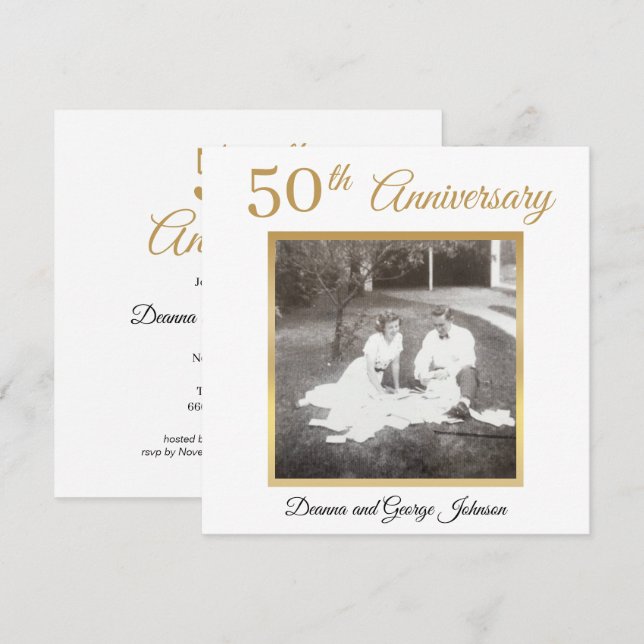 Invitation Élégant Photo Or 50e Anniversaire de Mariage (Devant / Derrière)