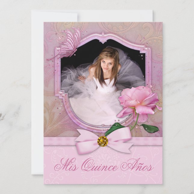 Invitation Élégant Photo Rose papillon rose Quinceanera (Devant)