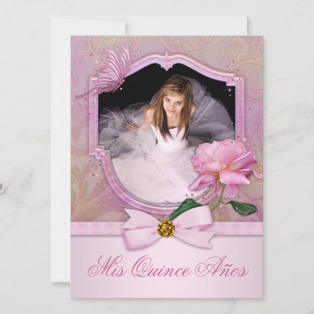 Invitation Élégant Photo Rose papillon rose Quinceanera (Devant)