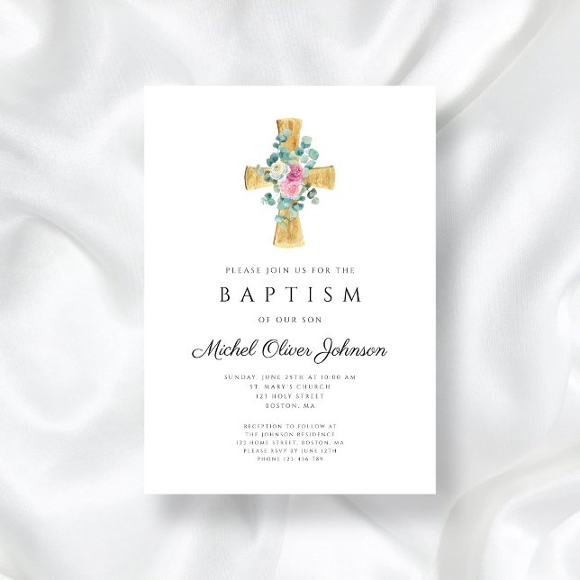 Invitation Élégant Pie Florale Rose Croix Baptême (Elegant Pink Floral Peonies Cross Baptism Invitation)