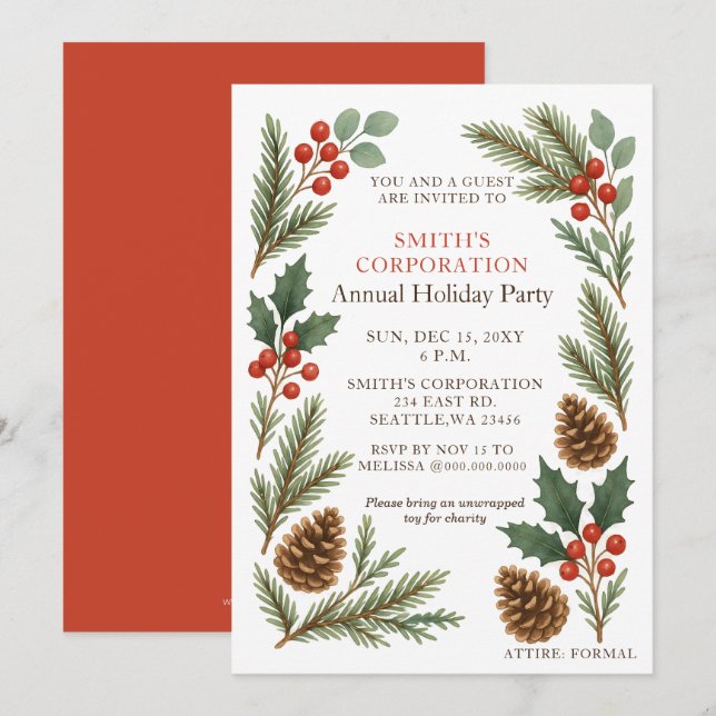 Invitation Elegant Pine Berries Corporate Holiday Party  (Devant / Derrière)
