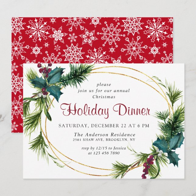 Invitation Élégant Pine Holly Berry Noël Dîner de Noël (Devant / Derrière)
