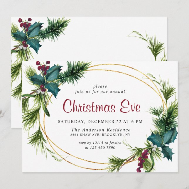 Invitation Elégant Pine Holly Berry Soirée de Noël (Devant / Derrière)
