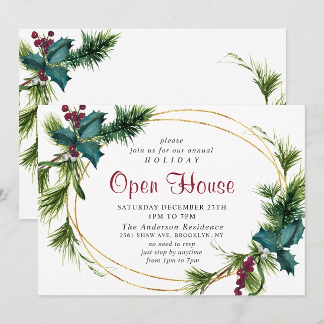 Invitation Elégant Pine Holly Holiday Maison ouverte de Noël (Devant / Derrière)