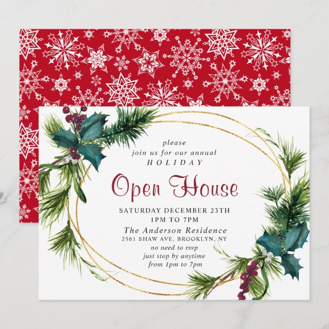 Invitation Elégant Pine Holly Holiday Maison ouverte de Noël (Devant / Derrière)