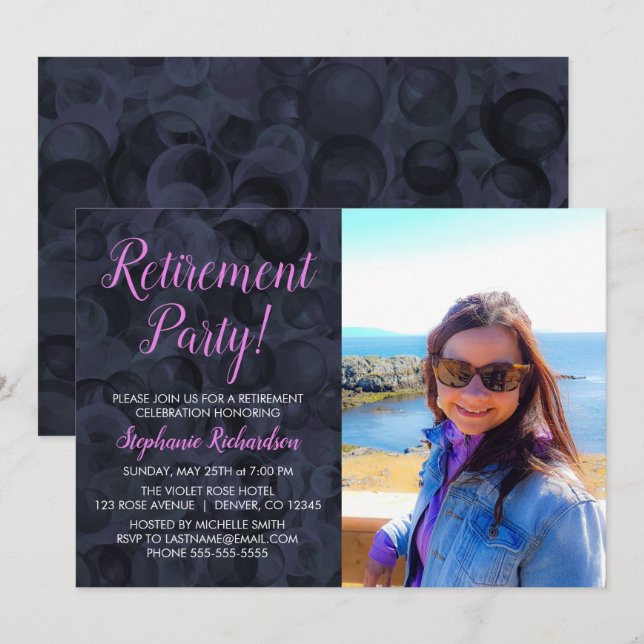 Invitation Élégant Pink Black Photo Parti de retraite (Devant / Derrière)