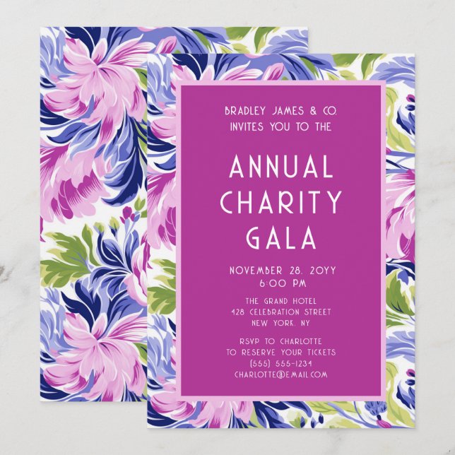 Invitation Élégant Pink Blue Floral Charity Event Gala Party (Devant / Derrière)