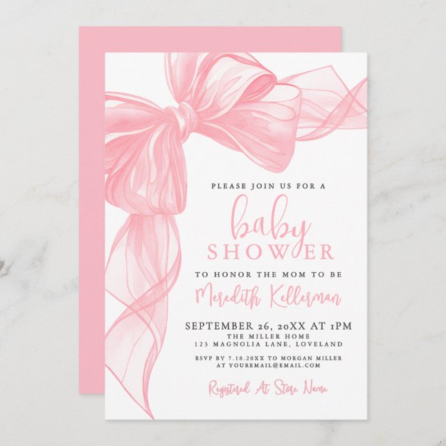Invitation Elegant Pink Bow Baby Shower (Devant / Derrière)