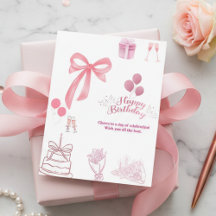 Elegant Pink Bow & Balloons Happy Birthday Card