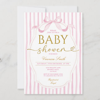 Invitation Elegant Pink Bow Coquette Girl Baby Shower Stripe
