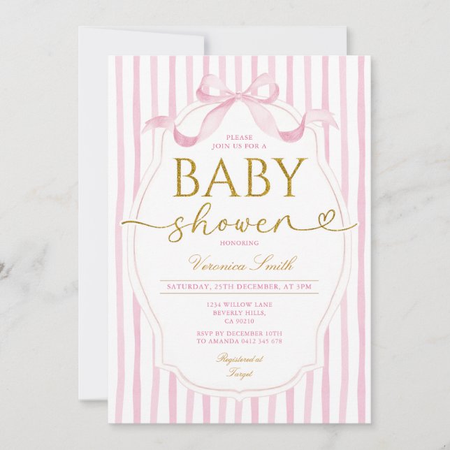 Invitation Elegant Pink Bow Coquette Girl Baby Shower Stripe (Devant)