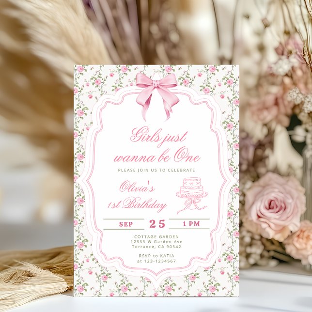 Invitation Elegant Pink Bow Girl First Birthday (Créateur téléchargé)