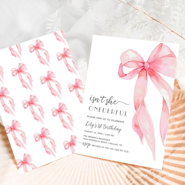 Invitation Élégant Pink Bow Onderful Baby Girl 1er anniversai (Créateur téléchargé)