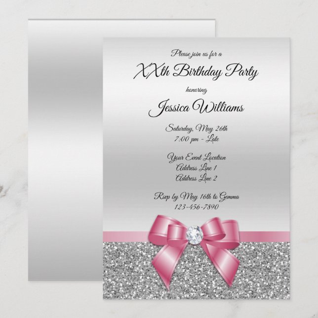 Invitation Elégant Pink Bow & Silver Parties scintillant Anni (Devant / Derrière)