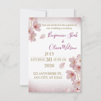 Invitation Elegant Pink Cherry Blossom Glitter Wedding