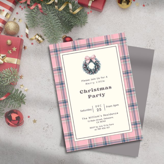 Invitation Elegant Pink Coquette Wreath Plaid Christmas Party (Elegant Pink Coquette Wreath Plaid Christmas Party Invitation)
