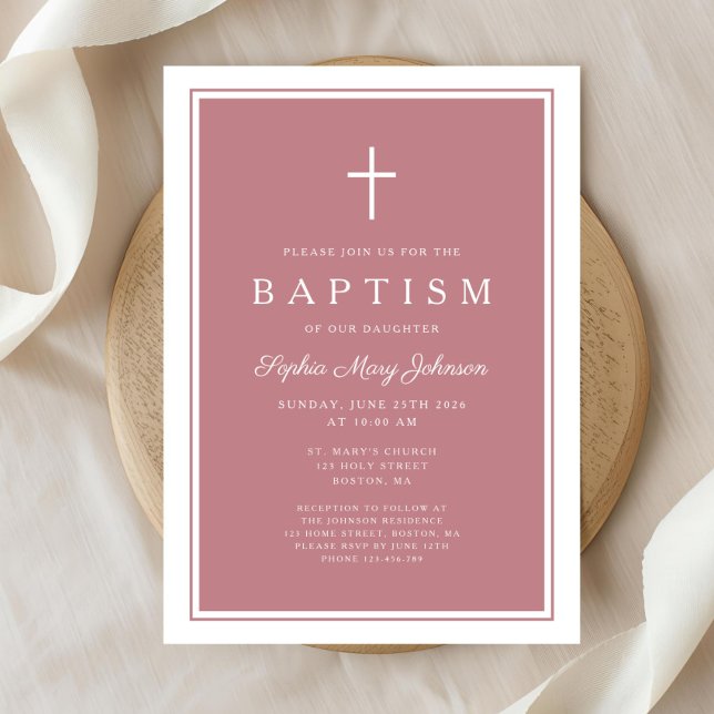 Invitation Elegant Pink Cross Baby Girl Baptism (Elegant Pink Cross Baby Girl Baptism Invitation)