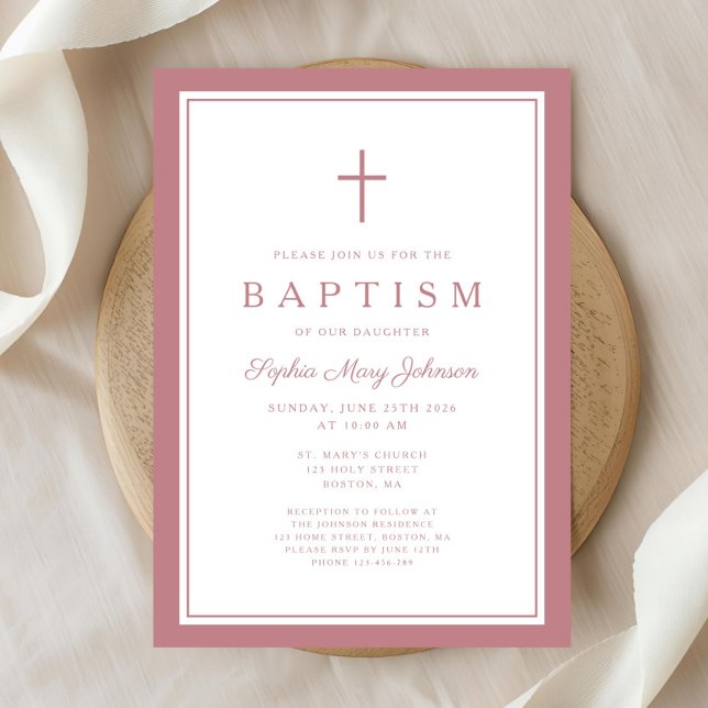 Invitation Elegant Pink Cross Baby Girl Baptism (Elegant Pink Cross Baby Girl Baptism Invitation)