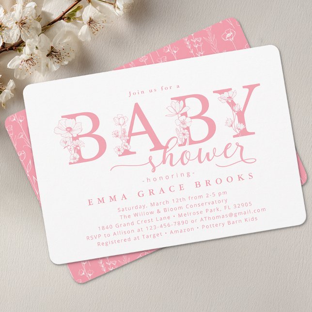 Invitation Elegant Pink Floral Baby Shower Typography (Pink Floral Baby Shower Invite)