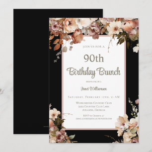 Invitation Elégant Pink Floral Black 90e Anniversaire Brunch