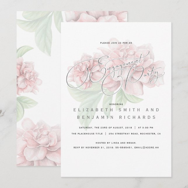 Invitation Élégant Pink Floral Typography Partie d'engagement (Devant / Derrière)