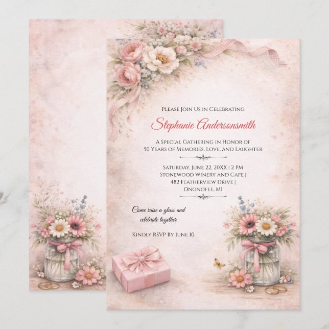 Invitation Elegant Pink Flowers Birthday Party | (Devant / Derrière)