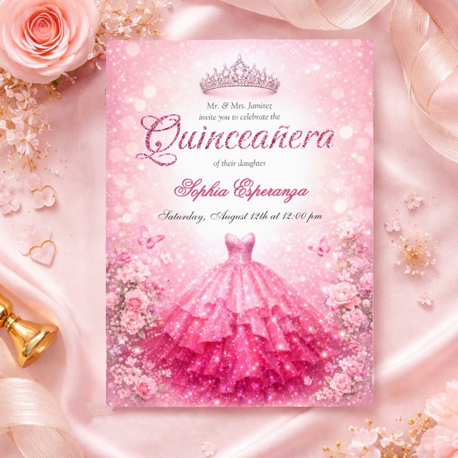Invitation Elegant Pink & Fuchsia Quinceanera (Créateur téléchargé)