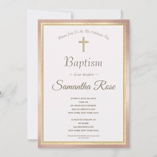 Invitation Elégant Pink Gold Cross Baby Girl Baptism Invitati (Devant)
